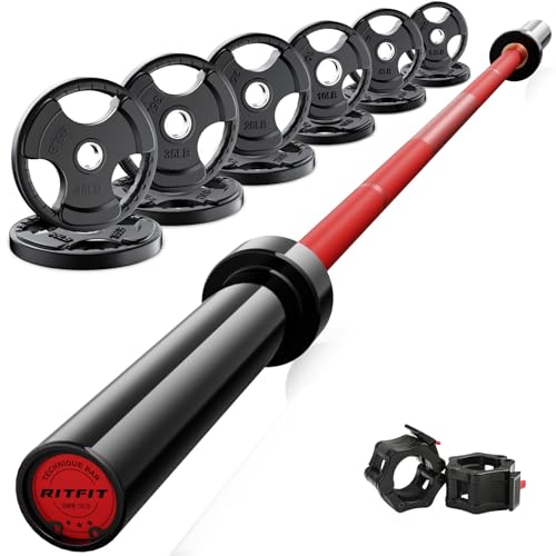 RitFit Barbell Weight Set - 4/6FT Olympic Barbell with Weight Plates (55-115LB Total) - Weightlifting Equipment for Squats, Curls, Deadlifts, Presses, Hip Thrusts - color: Black/Red, size: 6FT With 245LB Plates