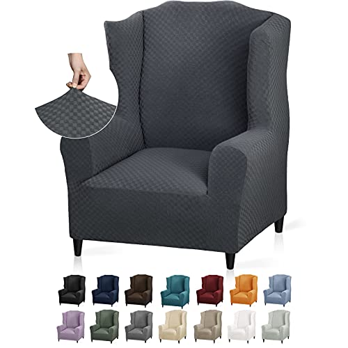 YEMYHOM 1 Piece Stretch Wingback Chair Slipcover Latest Jacquard Design Wing Chair Cover Non Slip Furniture Protector with Foam Rods for Living Room (Wing Chair, Dark Gray) - color: Dark Gray, size: 1 Pack - Wing Chair