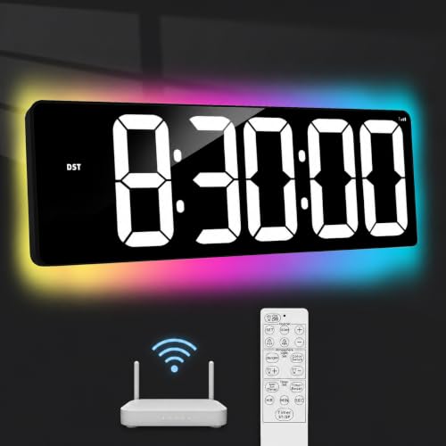 TXL 17.2" WiFi Digital Wall Clock with Seconds, Large Countdown Timer for Classroom Home Gym Office, Alarm Clock with Remote Control, RGB Ambient Lights, 4 Dimmable Brightness, Auto DST(White) - color: White