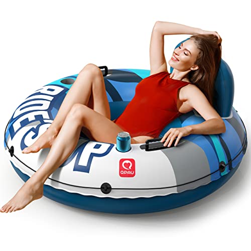 QPAU Inflatable River Tube, 0.4 mm Thickened Puncture-Resistant Heavy Duty River Float, River Raft with Ergonomic Backrest, Mesh Bottom & 2 Cup Holders for Adults and Friends Lake Float - color: B-Sky Blue 01