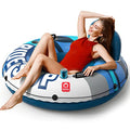 QPAU Inflatable River Tube, 0.4 mm Thickened Puncture-Resistant Heavy Duty River Float, River Raft with Ergonomic Backrest, Mesh Bottom & 2 Cup Holders for Adults and Friends Lake Float - color: B-Sky Blue 01