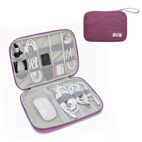 Cord Organizer Travel Case, Cable Organizer Bag for Chargers, USB Cables, Power Bank & Electronics Accessories, Portable Tech Organizer Pouch with Mesh Pockets, Water Resistant Travel Gear Bag - color: purple, size: S