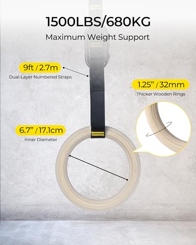 PACEARTH Gymnastics Rings 32mm Wooden Olympic Rings Support 1500lbs Locked Carabiners 9ft Double-Layer Numbered Straps Non-Slip Gym Rings with Foot Straps Door Anchor for Home Gym Full Body Workout - style: 02-1.25" Buckle Rings & Straps Set