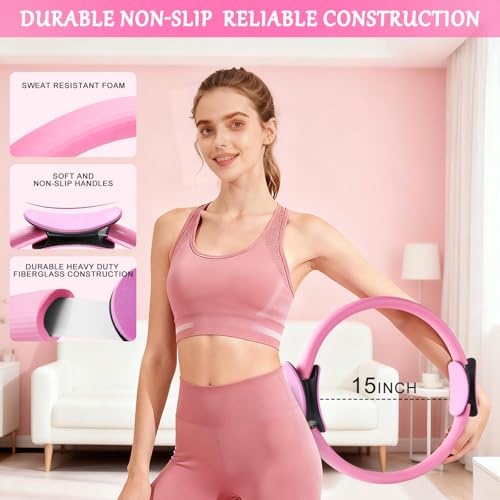Home Pilates Kit for Women, Pilates Ring Set, Pilates Equipment Kit for Women Home Workouts, Pilates Essentials Kit with Pilates Ring and Ball, Resistance Bands for Strength, Toning, Flexibility - color: Pink-15 inch Ring