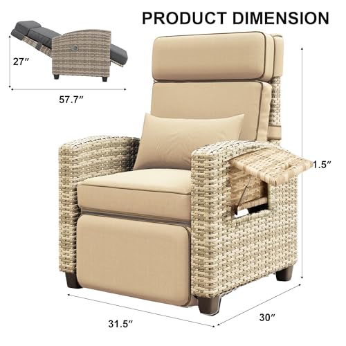 GarveeLife Outdoor Recliner Chair, PE Wicker Lounge Chair with Adjustable 145° Lay-Flat Backrest, Independent Footrest & Side Table, Plush Cushion for Patio, Poolside, Backyard in Brown - color: Brown Rattan + Khaki Cushion