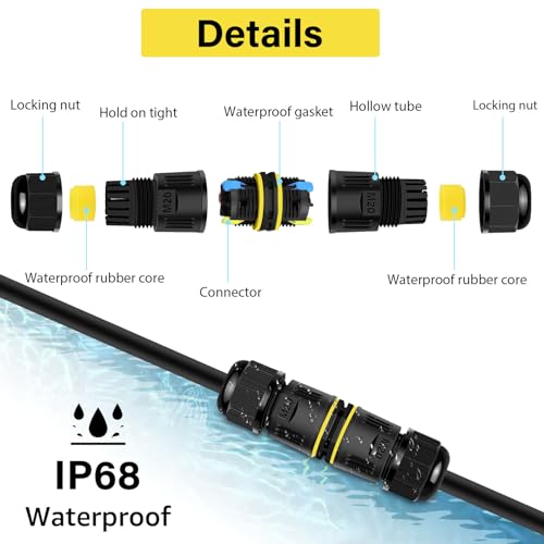 NineLeaf 48PK Waterproof Electrical Cable Connector 3-Pin Push-in Type, IP68 Outdoor M20 Wire Connector 5-12mm, Fast Press-fit Junction Box for Garden and Landscape Lighting Projects - size: 48PK, style: Press Type