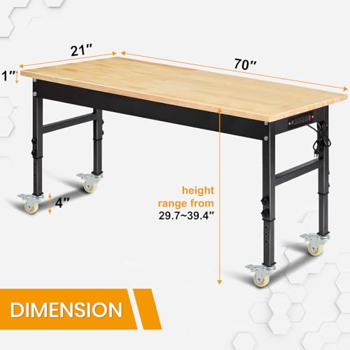 70'' Adjustable Workbench, Rubber Wood Top Work Bench | Heavy-Duty Work Table with Socket, Wheels and Fixed Legs 2000 LBS Load Capacity Hardwood Sewing Table for Garage, Workshop - size: with socket, wheels and fixed legs, 70