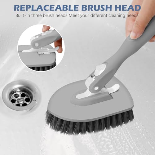 SetSail 4-in-1 Tile Tub Floor Scrubber with 52-inch Long Adjustable Handle Shower Cleaner Brush with V-Shaped Grout Brush and 3 Replacement Brush Heads for Bathroom Kitchen Sink Walls Tub Tile, Grey - color: Gray, size: 2 Pads + V-Shaped Brush