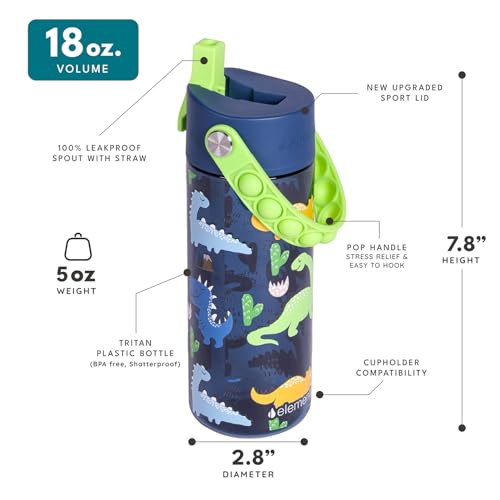 Elemental Water Bottles for Kids - Splash Kids Water Bottle for School with Pop-it Handle - BPA Free Tritan Plastic Water Bottle with Straw Leak Proof when Spout is Closed - Dinosaur- 18oz - color: Dinosaur (Navy Blue) 18oz