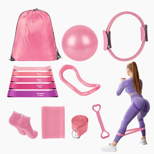 13 Pcs Pilates Essentials Kit for Women, Home Workout Equipment Set with 9.8” Ball, Magic Circle, Accessories, Perfect for Beginners to Toning & Fitness, Pink - color: Pink