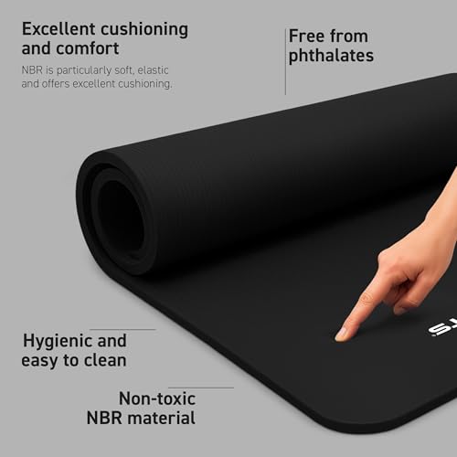 MSPORTS Yoga Mat Premium Non Slip Thick – Extra Comfortable Exercise Mat for Home Workouts, Pilates, Stretching & Gym – Cushioned NBR Foam, Gym Mat with Strap, for Women & Men - color: Black
