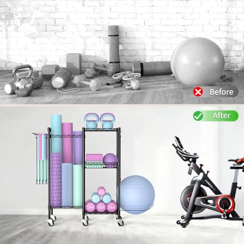 Dumbbell Rack, Home Gym Storage with Locking Wheels & 4 Hooks, 4 Tier Adjustable Workout Equipment Storage for Yoga Mat, Foam Roller, Dumbbell, Kettlebell, Fitness Ball and Resistance Band