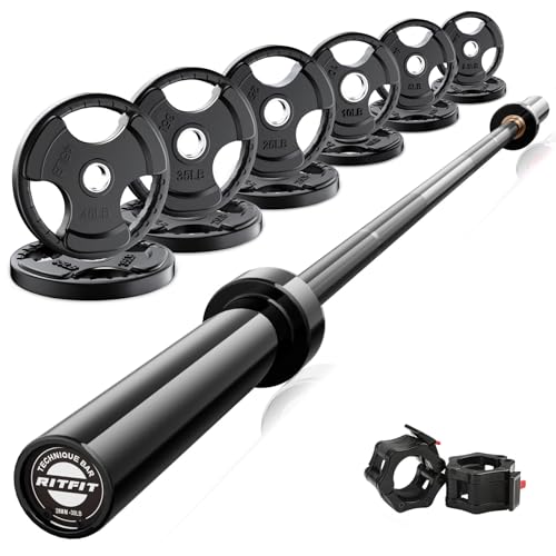 RitFit Barbell Weight Set - 4/6FT Olympic Barbell with Weight Plates (55-115LB Total) - Weightlifting Equipment for Squats, Curls, Deadlifts, Presses, Hip Thrusts - color: Black, size: 6FT With 245LB Plates