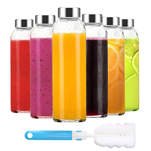 Luxfuel Clear Glass Bottles with Lids 18 oz Reusable Water Bottles, 6 Pack | BPA Free, Leak Proof Stainless Steel Cap for Refrigerator, Juicing, Smoothie, Dishwasher Safe, Brush Included, Juice Bottles - color: Clear Glass Bottle 6Pack, size: 18oz