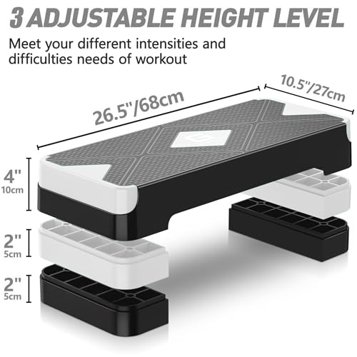 GYMMAGE Aerobic Exercise Step, Adjustable Height, | Aerobic Workout Step Platform for Exercise, 26.5" Step Deck with Adjustable Height, Women Home Gym Cardio Fitness - color: White
