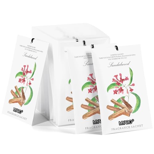 MYARO 12 Pack Sandalwood Scented Sachets for Drawer, Closet & Small Spaces Air Freshener Bags, Odor Eliminator for Clothes, Car, Wardrobe, Home Fragrance Gift Set - color: Sandalwood