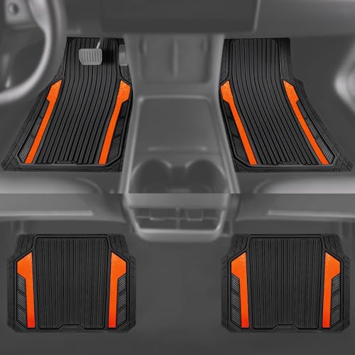 CAR PASS Heavy Duty Rubber Car Mats Metallic, Aluminum Film All Weather Floor Mats Waterproof Universal Trim to Fit SUVs Sedans Vans 4 Piece Anodized Deep Dish Two-Tone Sporty Black Orange Chrome - color: Black Orange