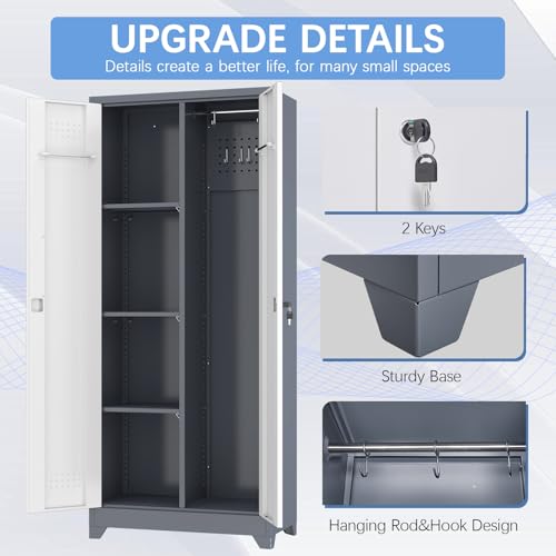 IRONFFICE Metal Garage Storage Cabinets,Broom Closet Storage Cabinet with Doors and Shelves,Tall Utility Closet Cabinet with Pegboard,Laundry Cabinet for Garage,Warehouse,Home,Basement,Grey-White - size: 15.74"D x 23.62"W x 65"H-Grey/white