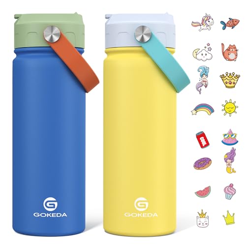 GoKEDA 18oz Kids Water Bottle, 2 Pack Insulated Bottles with Stickers, 18/8 Stainless Steel Vacuum Leak Proof Straw Cup for School, Gifts for Boys Girls(BlueYellow+GreenBlue) - color: Blue Yellow+Green Blue