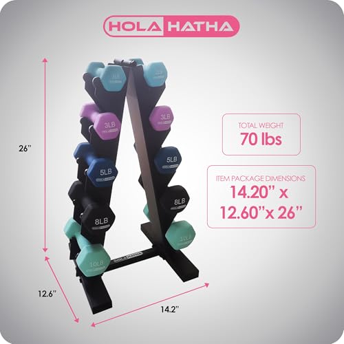 HolaHatha 1, 2 and 3 lb Neoprene Dumbbell Strength Training Weight Set with Rack - color: Blues, size: 56 LB