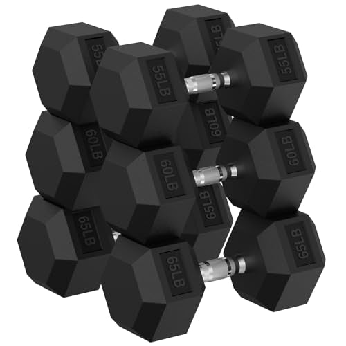 HANDBODE Rubber Coated Hex Dumbbell Set, 90-640 lb | Hand Weight for Strength Training, Hexagon Shape, Multiple Weight Options for Home Gym Strength Training - size: 360 lb Set (Pair of 55, 60, 65 lb)