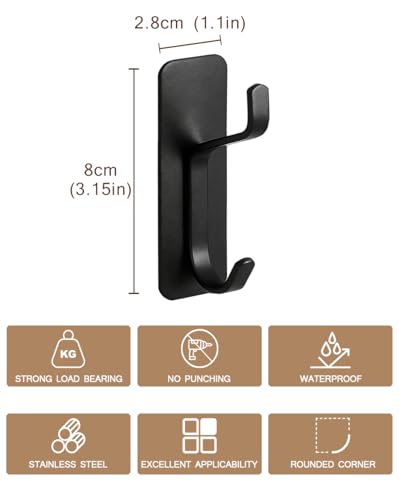 Self Adhesive Wall Hooks, 6 Pack Coat Hooks Wall Mount Heavy Duty Stainless, Double Extra Stick On Towel Hook for Bedroom Kitchen, Over the Door Hook for Hanging Key Hat Backpack (Black) - color: Black