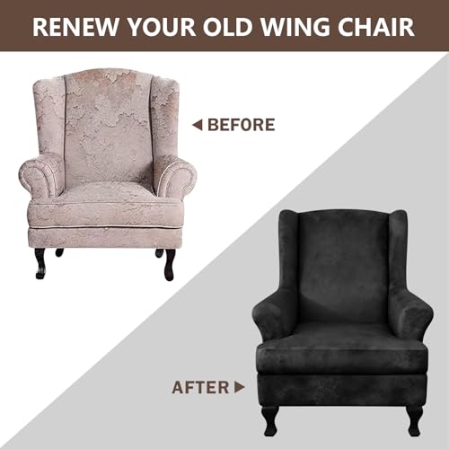 ANARACHON Leather Look Wingback Chair Covers, 2-Piece Wing Chair slipcover,Stretch Wing Back Armchair Slipcovers with Elastic Bottom, Soft Spandex Furniture Protector for Living Room (Black) - color: Black