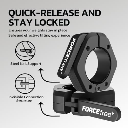Forcefree+ Barbell Clips (Pair), Barbell Clamps, Quick Release Olympic Barbell Clamps with Anti Slip TPR Grip, Barbell Collars for Secure Weightlifting & Powerlifting - color: Black