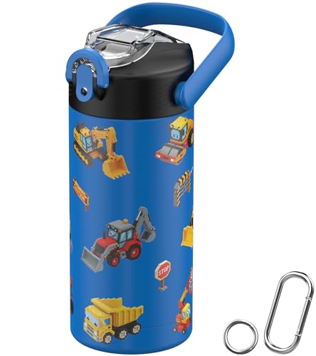 MYFOREST 14oz/400ml Insulated Kids Water Bottle, Odor-free Liner, 3D Touch | No Plastic Taste, Surgical Steel - No Chemical Leaching, Name Spot, Soft Sipper, Gift for Machine Fan, Construction Vehicles - color: Construction Vehicles