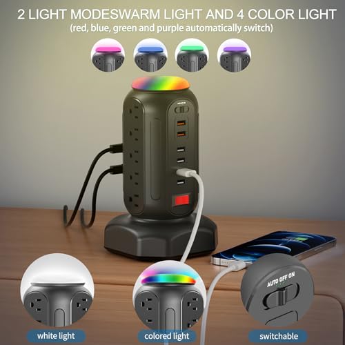 Multiple Outlets Power Strip Tower with Colorful Nightlight, 15 AC Outlets and 6 Fasting USB Ports, 6.5ft Extension Cord, 900J Surge Protector with Outlet Overload Protection for Home, Office (Black) - color: Black -PD 20W