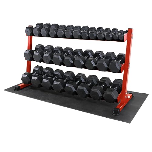 WF Athletic Supply Rubber Coated Hex Dumbbell Set, Multiple Choices Available - Dumbbells with Rack Stand and Mat, or Dumbbells Only (200/550/1200/2100/3000 LB) - color: g. 5 - 75LB w/ 3-tier RED Rack and Mat