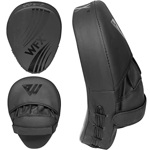 WFX Boxing Pads for Training - Curved Mitts for MMA, Kickboxing, Karate, Sparring & Martial Arts - Matte Black Leather Muay Thai Punching Pads