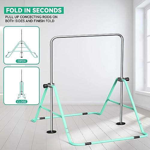 FBSPORT Gymnastics Bar for Kids Adjustable Height Gymnastic Horizontal Bar | Adjustable height, Supports up to 140 lbs, Junior Training Bar Children Folding Training Monkey Bars for Home Using - color: Green