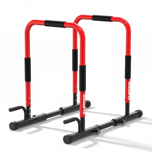 2-in-1 Dip Bar Station - Dip Bars & Push Up Bars Calisthenics Equipment with 420LB Bolt Washer Stable Design Dual Inner Connectors Portable Adjustable for Home Gym Strength Training - color: Red