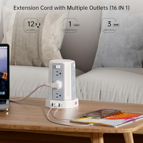 Power Strip 10 Ft Extension Cord with 12 AC Multiple Outlets 4 USB (1 USB C), SMALLRT Power Strip Tower Desktop Charging Station for Home Office College Dorm Essentials - color: White, size: 10 ft PD20W