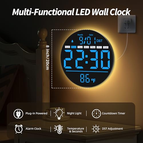 Maxstar Led Digital Wall Clock with Timer, Seconds, Temperature, Date, DST, Nightlight, Alarm Clock, 5-Level Display Brightness, Digital Clock Timer for Classroom, Bedroom, Garage, Gym,Blue - color: Blue