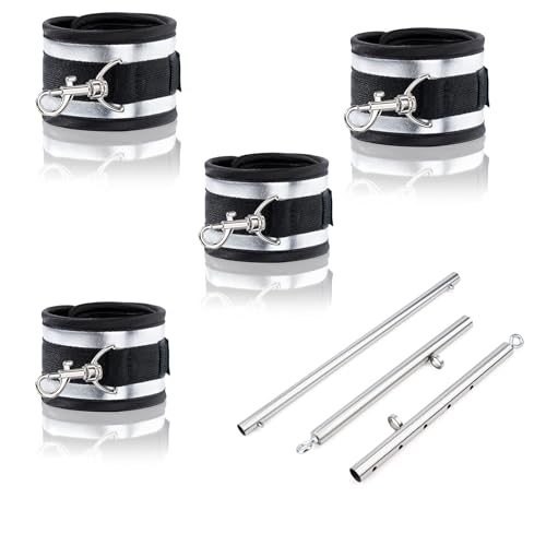 3 in 1 Heavy Duty Stainless Steel Expandable Spreader Bar with 4pcs PU Rose-Gold Adjustable Straps,Workout Bar for Home Gym Training Bar,Portable Detachable Pilates Kit - style: Silver+Silver PU Kit