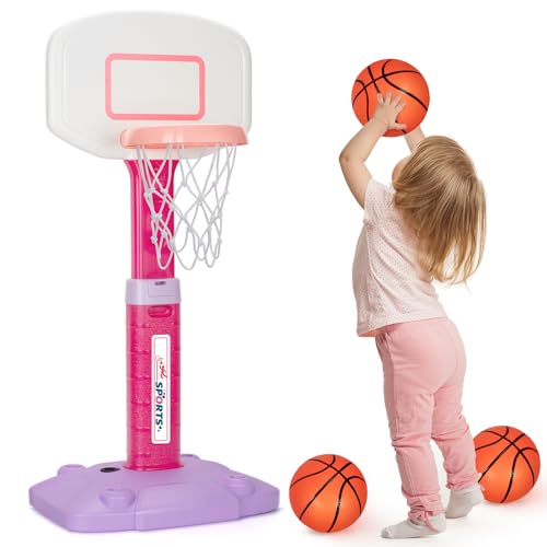 Basketball Hoop Indoor Outdoor Toys for Toddlers 1-3, Kids Basketball Hoop with 3 Balls, Adjustable Mini Basketball Goal, Christmas Birthday Sports Toys Gift for Baby Boys Girls Age 1 and Up | Basketball Hoop for Kids with 5 Adjustable Heights, 3 Soft Bal