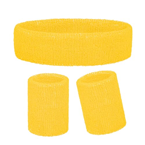 Sucrain 3 Pieces Sweatbands Set, 1 Pieces Sports Headband and 2 Pieces Wristbands,Wicking Sweat Head Band for Youth Womens Men - color: Yellow