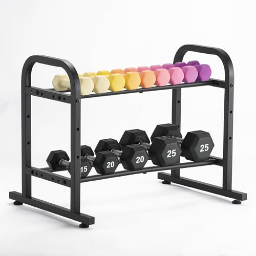 facka 2-Tier Dumbbell Rack Stand Only, Weight Rack for Home Gym | 360 Lbs Capacity, For Hex Dumbbells and Kettlebells, 3-Level Width, Adjustable Height, Non-Slip Feet