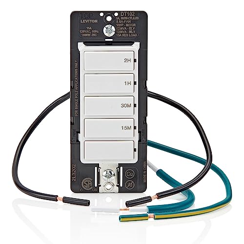 Leviton Countdown Timer Switch for household lights and exhaust fans, 15-30 min, 1-2 hour, No Neutral Wire Required, Single Pole, 15A, 1/2HP/9.8A Fan/Motor, DT102-1LW, White - style: 1-2 hour, No Neutral Required