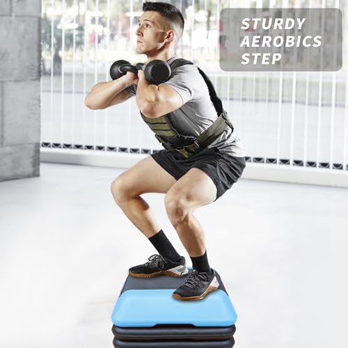 16" x 16" High Aerobic Step Aerobics Stepper Platform with 4 Risers, Exercise Workout Stepper, Home Gym Equipment, Fitness Step Platform, Adjustable Aerobic Stepper - color: Black+Blue