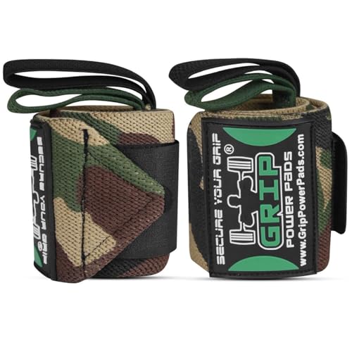 Grip Power Pads Wrist Wraps 2 Wraps for Weight Lifting Wrist Support Cotton Wraps Gym Bandage Straps for Men & Women Premium Quality & PRO Rubber - color: Camouflage, size: 18""
