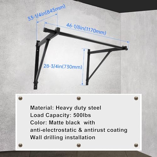 ECOTRIC 46" Wall Mounted Pull Up Chin Up Bar Heavy Duty Gym Workout Fitness