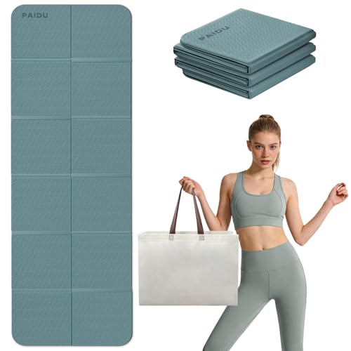 PAIDU Foldable Yoga Mat, 70"x24"x0.31" TPE Non-Slip Mat with Bag | Double‑sided non‑slip, 8mm thick TPE, foldable for travel, ideal for yoga/pilates/fitness/home/outdoor workouts - color: Dark green + Grey