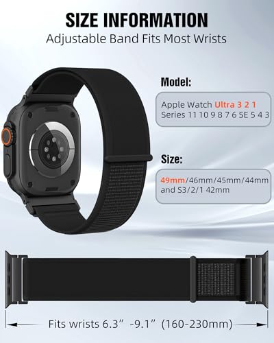 Trail Loop Nylon Sport Band Compatible with Apple Watch Ultra 3 2 Band for Men 49mm 46mm 45mm 44mm 42mm, Rugged Breathable Sport Adjustable Strap for iwatch bands Series 11/10/9/8/7/6/5/4, SE 3 2 1 - color: Black2(Black)