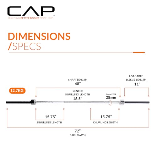CAP Olympic Barbell - 5FT, 6FT, & 7FT Strength Training Weight Bars, Multiple Options - size: 6 ft (72") - Chrome, style: Elite