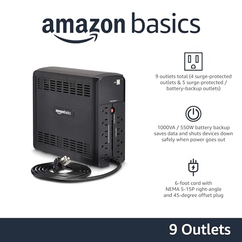 Amazon Basics UPS Battery Backup & Surge Protector, 1000VA/550W, 9 Outlets, Line Interactive Uninterruptible Power Supply with AVR Sinewave Technology, Black - size: Line Interactive, style: 9 Outlet (1000VA)