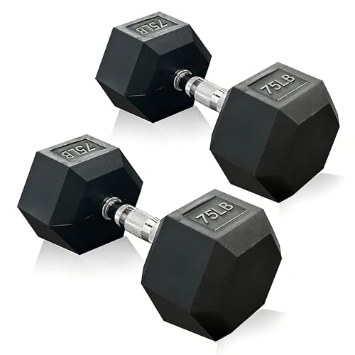 Rubber Hex Dumbbell, Multiple Weight Options 15-550 lbs | Premium Coated Free Weights Dumbbells for Home Gym Strength Training, Rack Not Included - color: 75LB pair