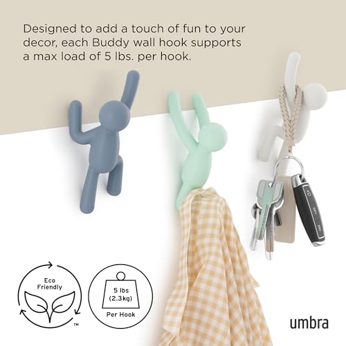 Umbra Buddy Wall Hooks, Wall Mount Coat Hooks, Set of 3, White/Mint/Blue | Easy install with hardware, holds 5lbs per hook, entryway bedroom bathroom dorm, playful hanging storage, recycled plastic - color: White/Mint/Blue